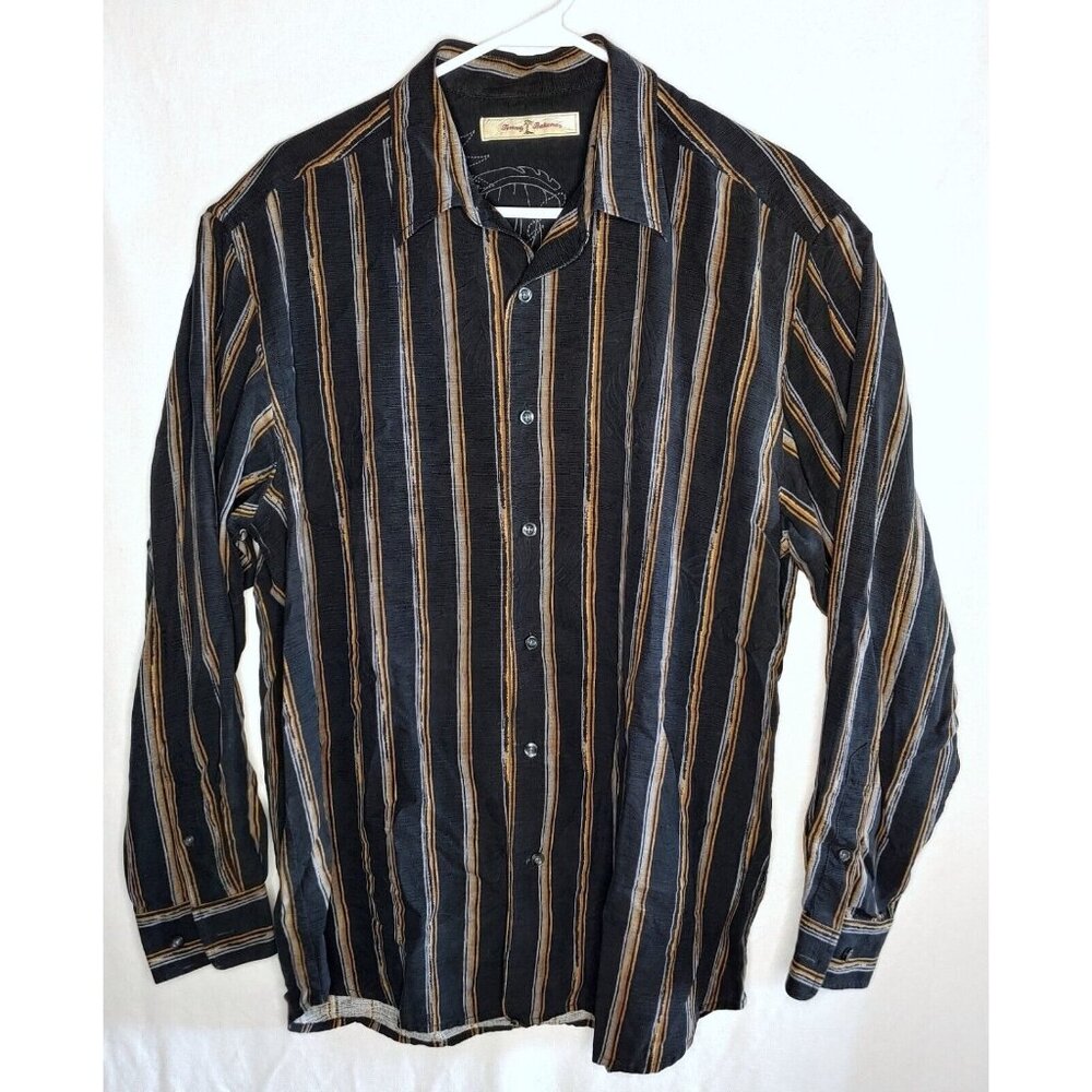 Tommy Bahama Button Up Long Sleeve Shirt - Black/Tan Stipe Silk - Mens Large